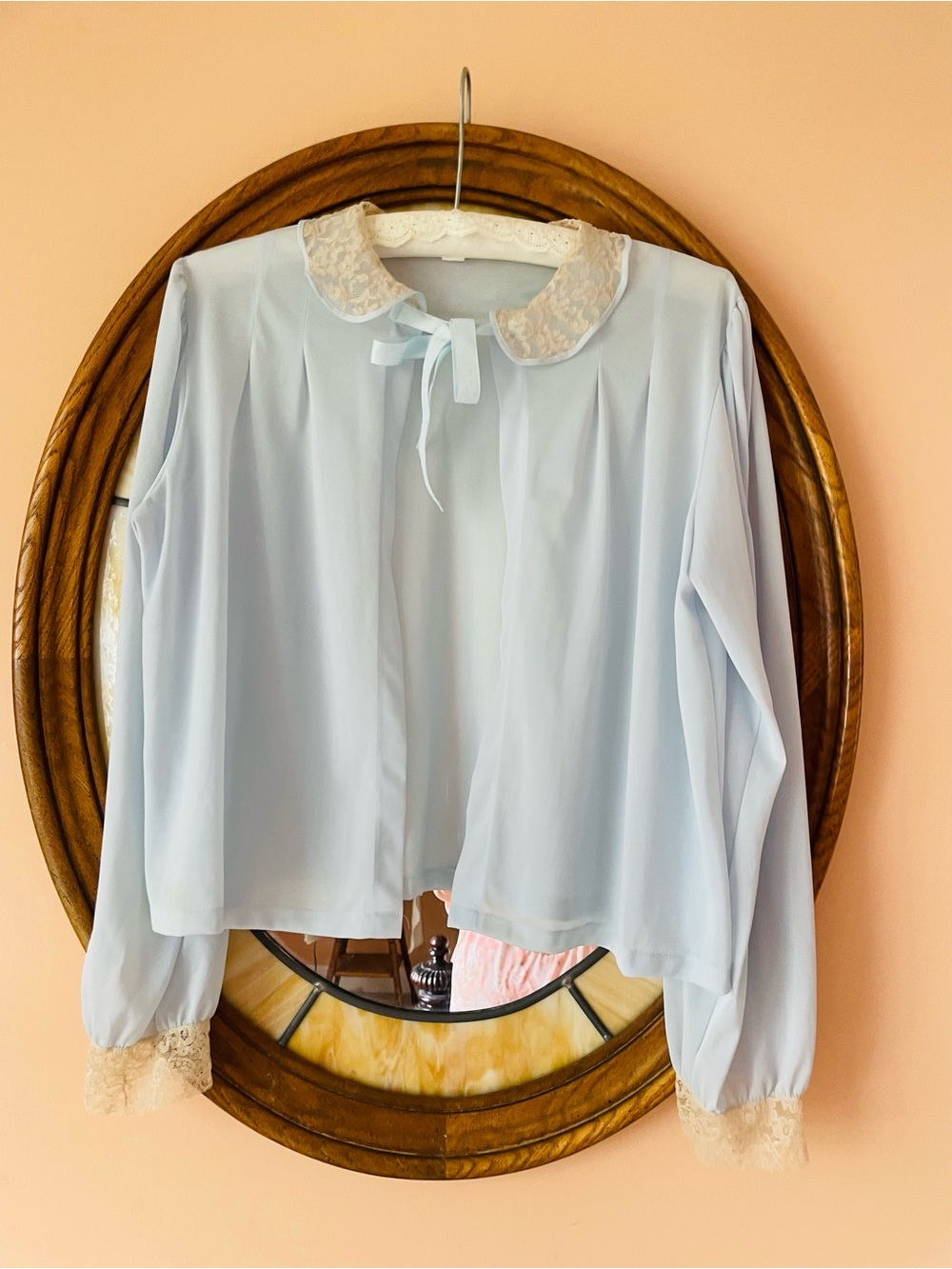 Vintage 60s Blue Nylon Poly Lace Collar with Ribbon Tie Lingerie Bed Jacket 
Med